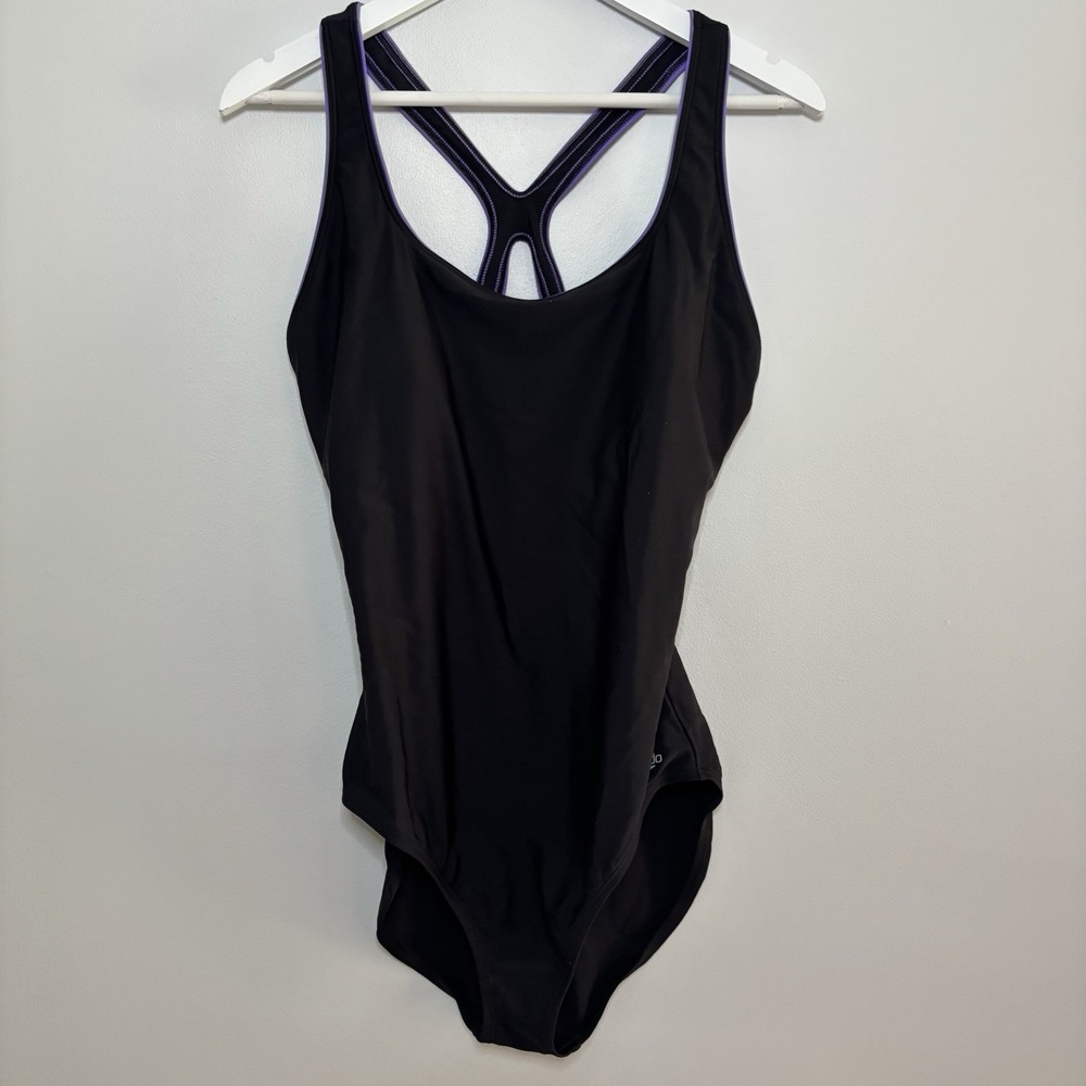 Speedo One Piece Swimsuit Women's 18 Black Purple Pool Beach Summer Racerback